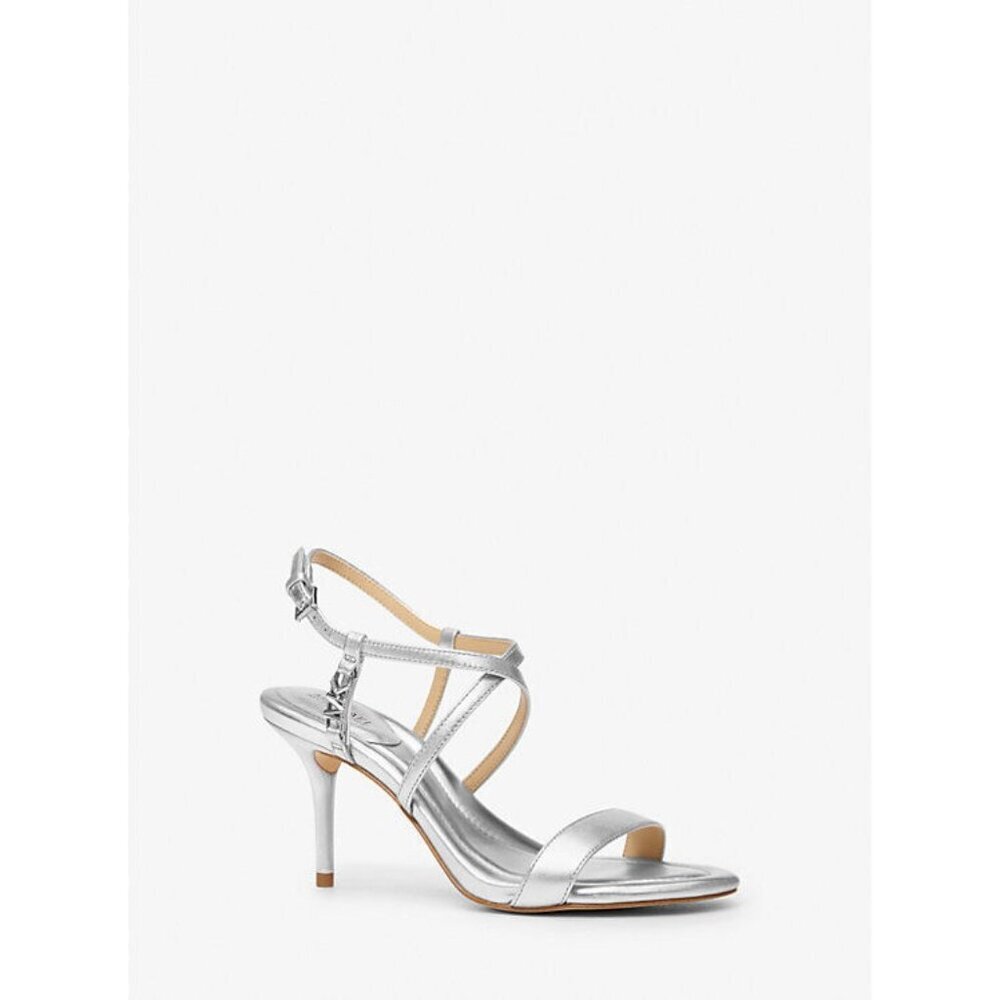 Michael Kors Veronica Heeled Sandal Women Sz 10 Silver Leather Buckle Fastening